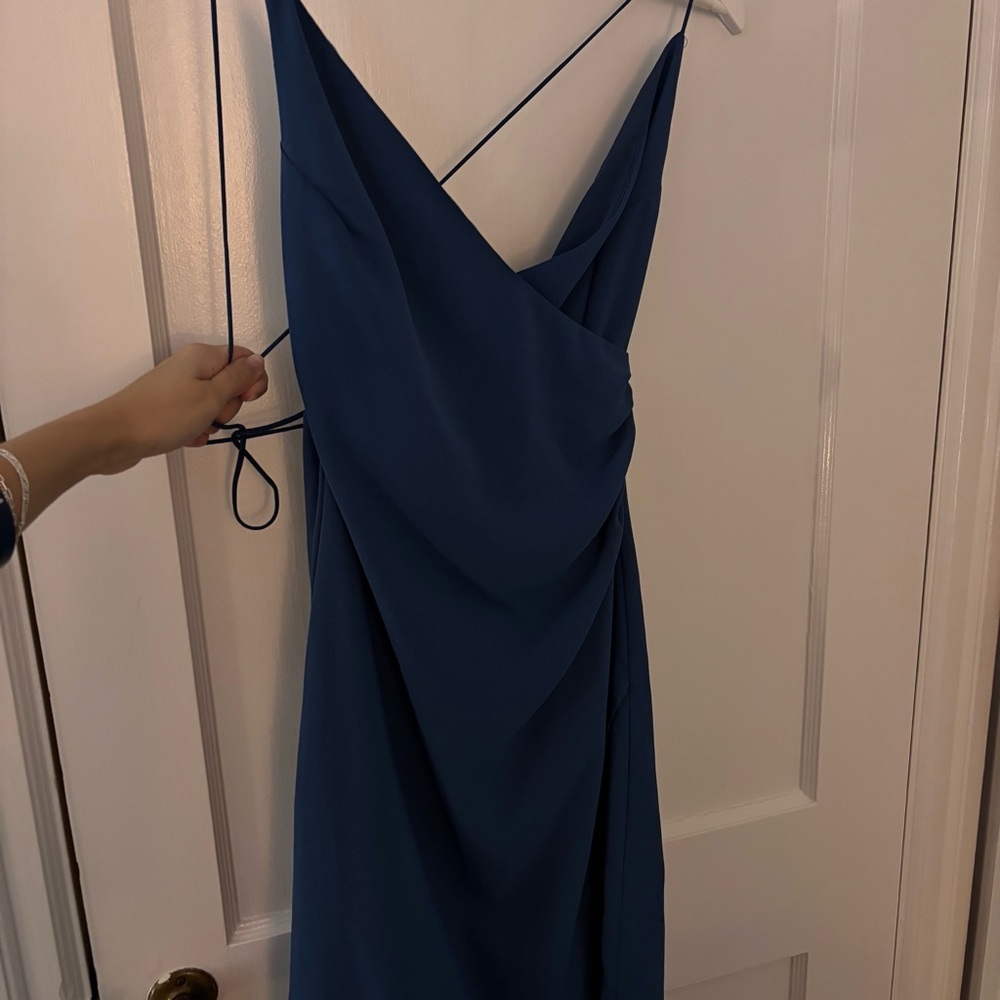 Lulu's V-Neck Knee Length Dress with Fold-Over Slit (Blue/Green) - Picture 6 of 11
